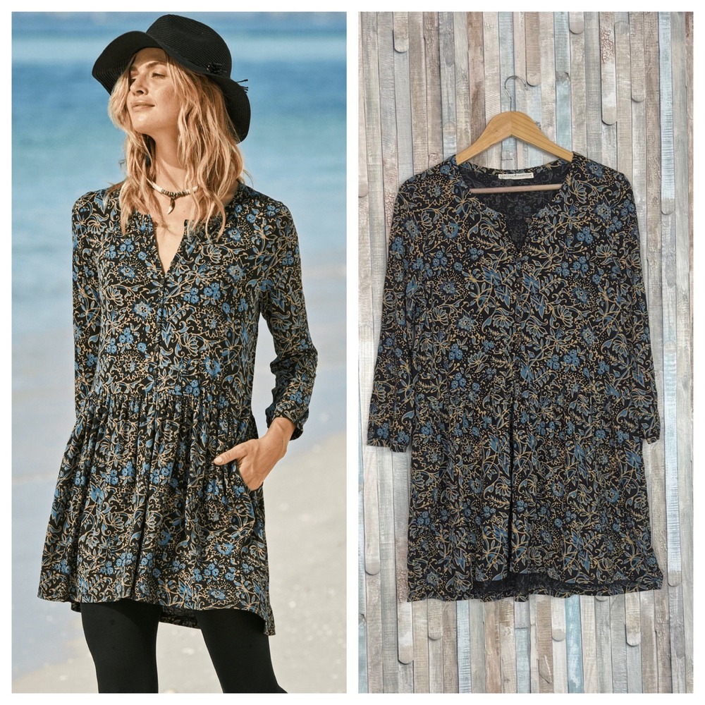 Peruvian Connection Pima Cotton Relaxed Floral Drop Waist Swing Tunic Dress M
